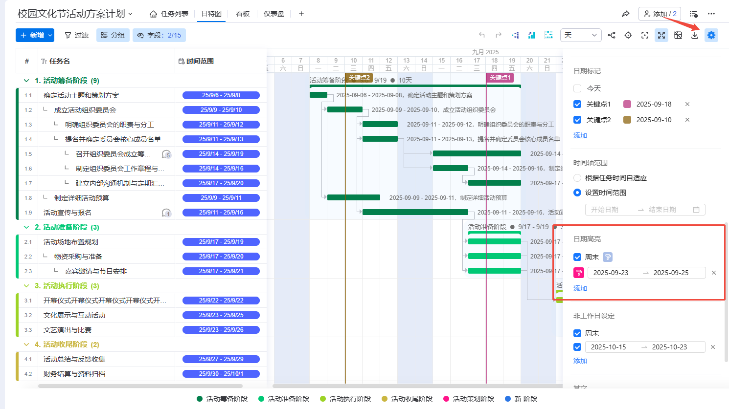 甘特图，日期高亮，配置